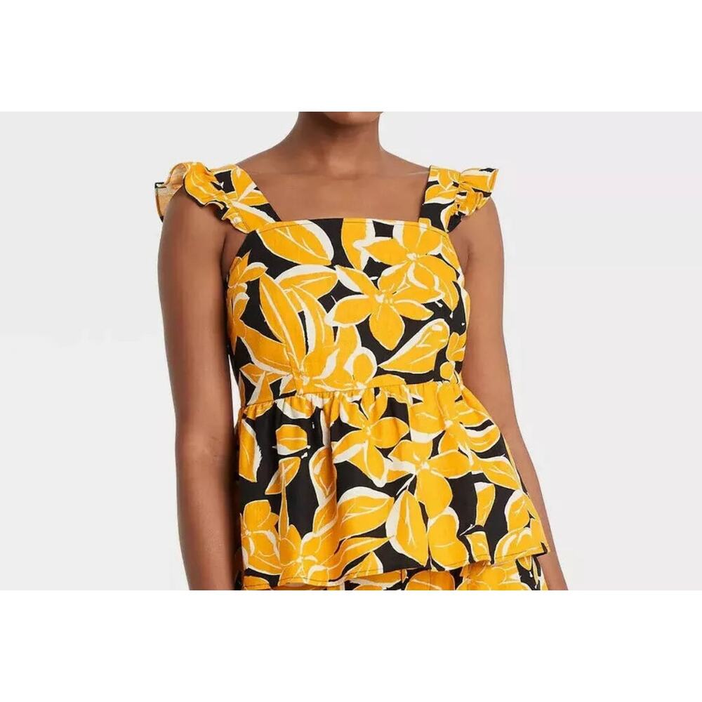 Who What Wear Women’s Yellow/ Black Floral Ruffled Top w/Smocked Back Small
